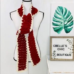 Handmade Red & White Crocheted Granny Afghan Scarf